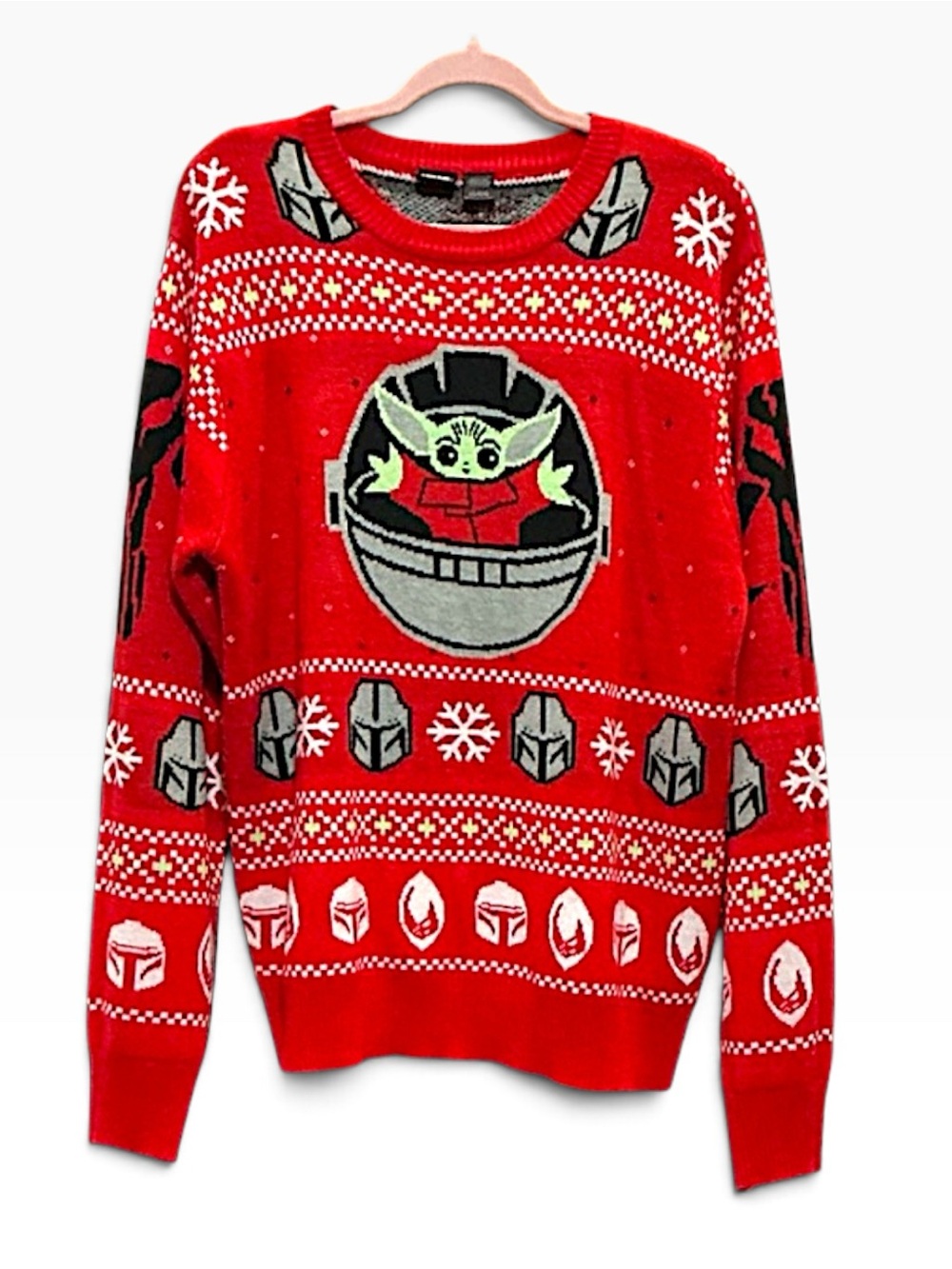 Star Wars NWOT Ugly Red Christmas Sweater Sz L Baby Yoda Mandalorian Oversized